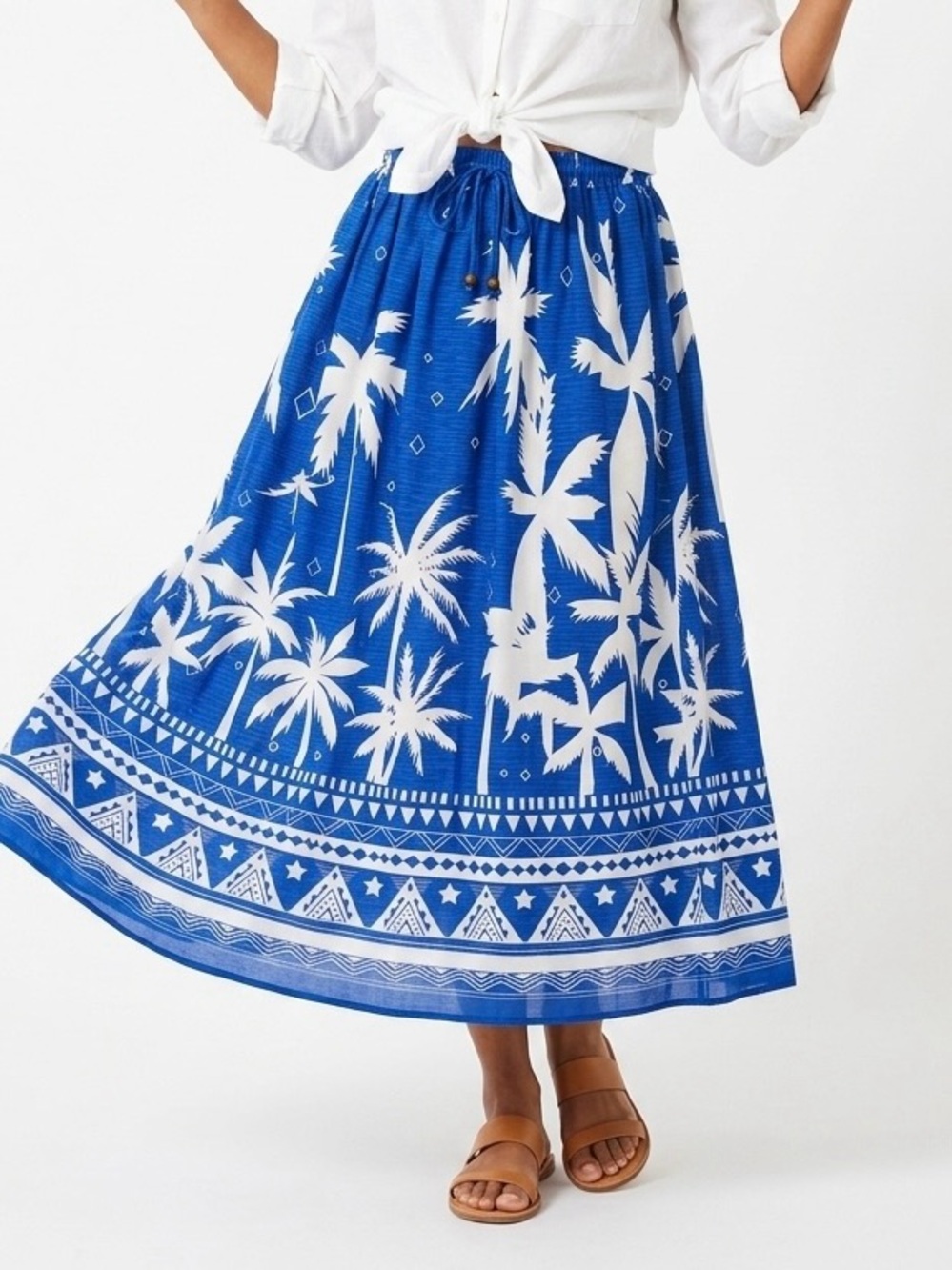 Blue Palm-Print Maxi Skirt with Drawstring Waist and Geometric Border